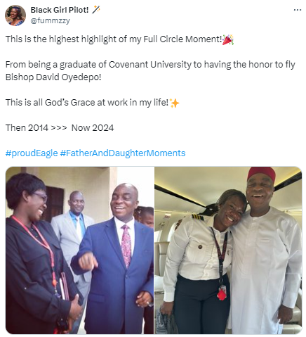 Pilot who graduated from Covenant University shares her full circle moment as she flies Oyedepo years after graduation