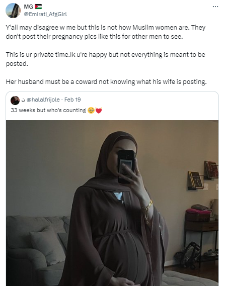 Muslim woman called out for posting her pregnant belly online while her husband is shamed for letting her