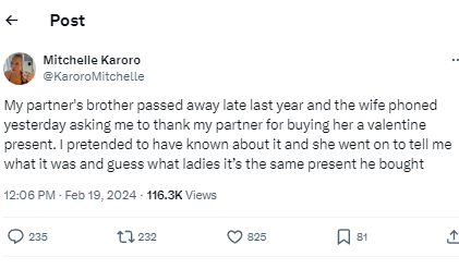 Woman threatens “World War 3” after her partner bought his late brother’s wife the same present he gave her for Valentine’s Day