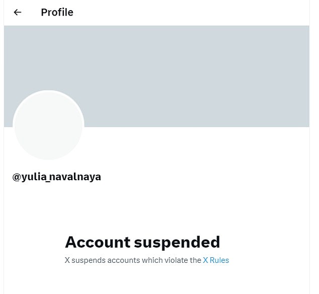 X suspends account of Russian opposition leader Alexei Navalny?s widow ?for violating rules? a day after she accused Putin of killing�her�husband