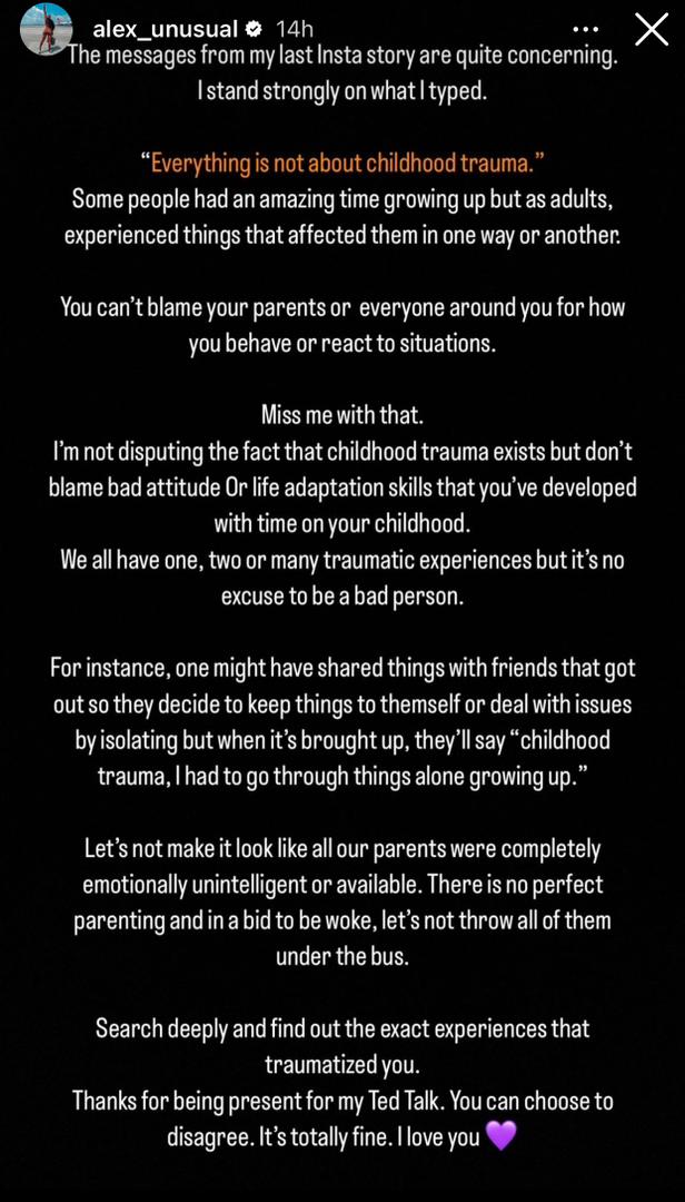 ?You can?t blame your parents or everyone around you for how you behave? Alex slams those who use ?childhood trauma? as an excuse for their actions