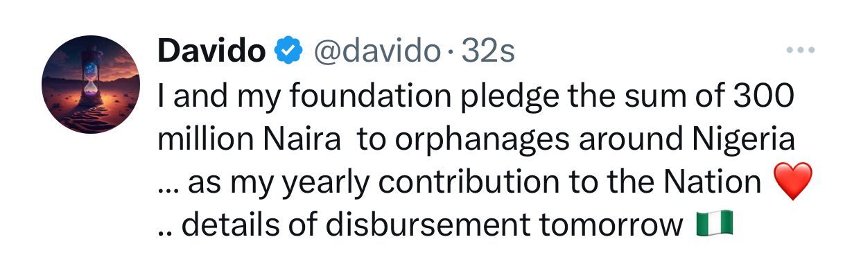 Davido pledges N300m to orphanages across Nigeria