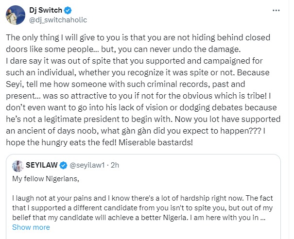 It was out of spite that you supported and campaigned for such an individual, whether you recognize it was spite or not - DJ Switch tackles Seyi Law