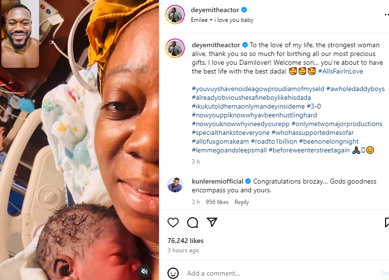 Actor Deyemi Okanlawon and wife, Damilola, welcome their third child, a baby boy