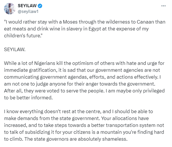 ?If another election was held tomorrow, I would still vote Tinubu? - Seyi Law says as he tackles state governors for doing nothing to help Nigerians