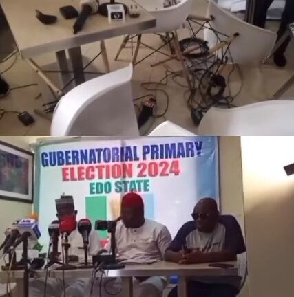 Thugs invade APC collation centre in Edo State gubernatorial primary, beat up journalists and destroy equipment (video)