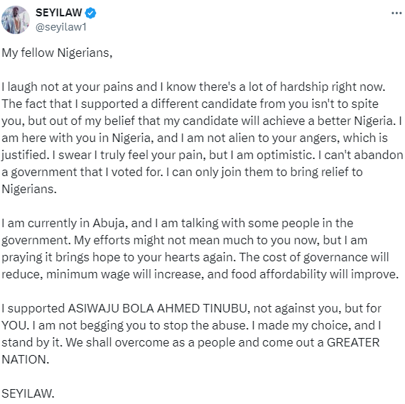 I am currently in Abuja talking with some people in government. The cost of governance will reduce - Seyi Law assures Nigerians