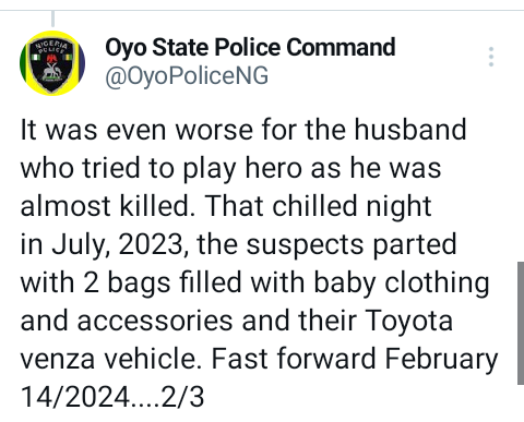 Oyo Police PPRO narrates how robbers beat up pregnant woman in labour, almost killed her husband and carted away bags of baby items, car