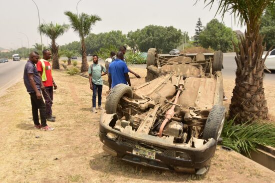 Driver and four passengers escape death as car somersaults in Abuja