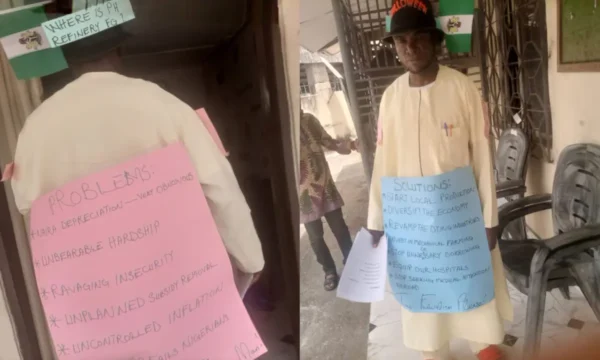 “I will never keep quiet” – Man stages lone protest in Akwa Ibom over economic hardship