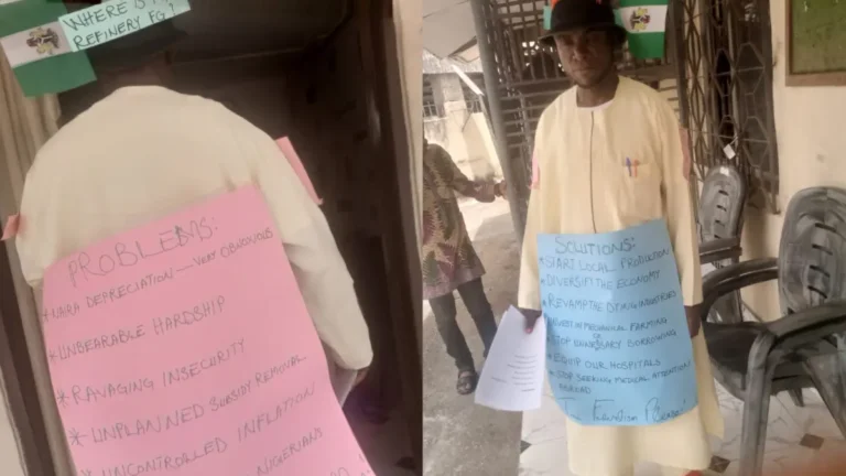 “I will never keep quiet” – Man stages lone protest in Akwa Ibom over economic hardship